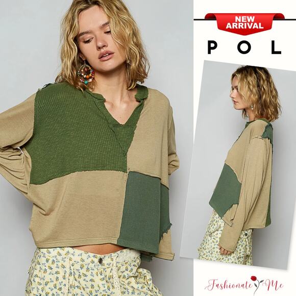 POL Color Block Contrast Notch Neck Long Sleeves Relaxed Fit Top | Matcha Green - Picture 1 of 5